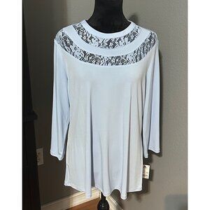 NY Collection Womens Blouse XL Light Blue Lace Yoke 3/4 Sleeve Cottagecore NWT